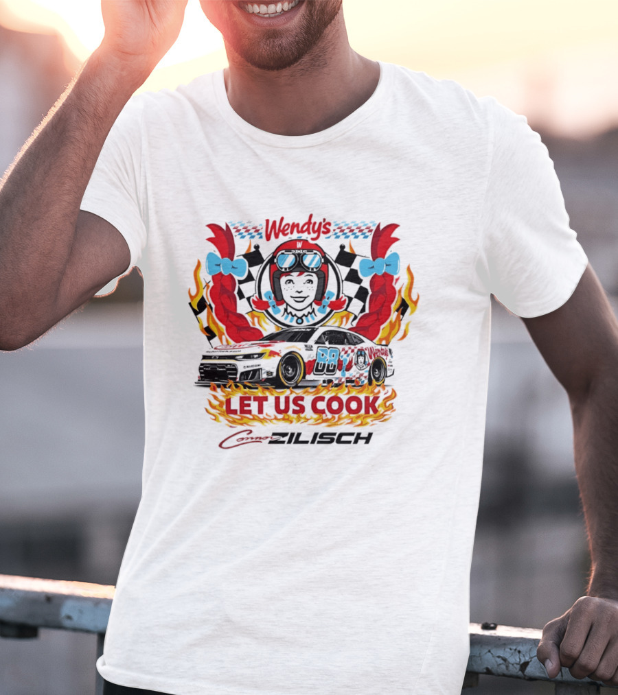 Wendy's Let Us Cook Connor Zilisch Racing Car Flames And Checkered Flag T-Shirt