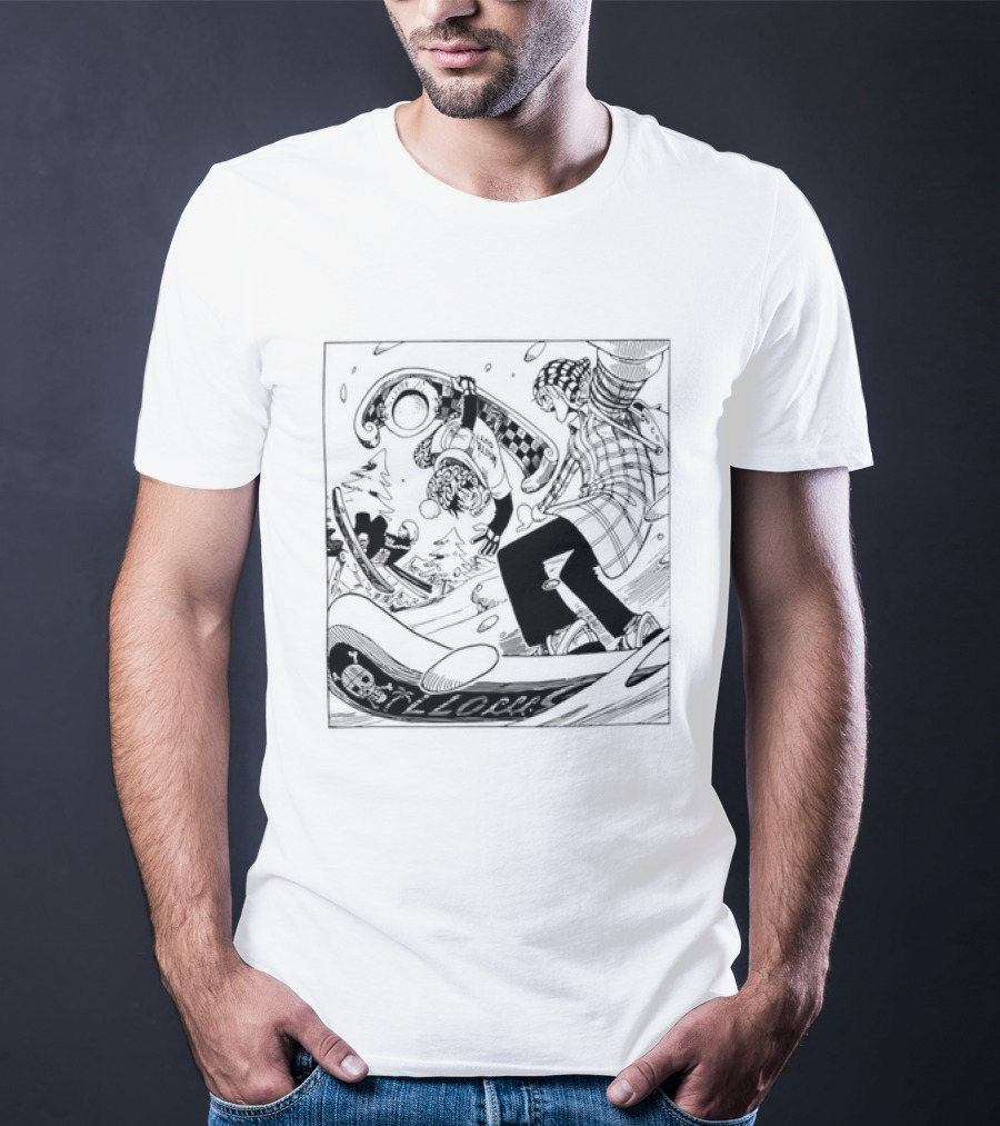 Snowboarding One Piece Crew Manga Style Action White Out Winter Scene T-Shirt