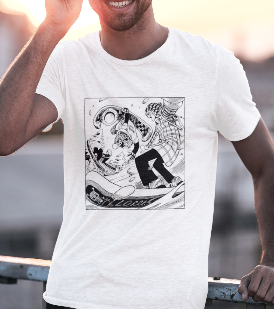 Snowboarding One Piece Crew Manga Style Action White Out Winter Scene T-Shirt