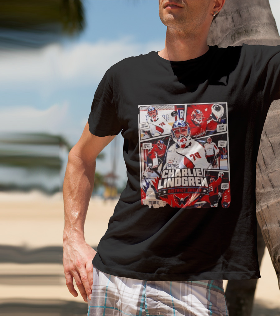 Charlie Lindgren Capitals District Shield Comic Style Hockey Action T-Shirt