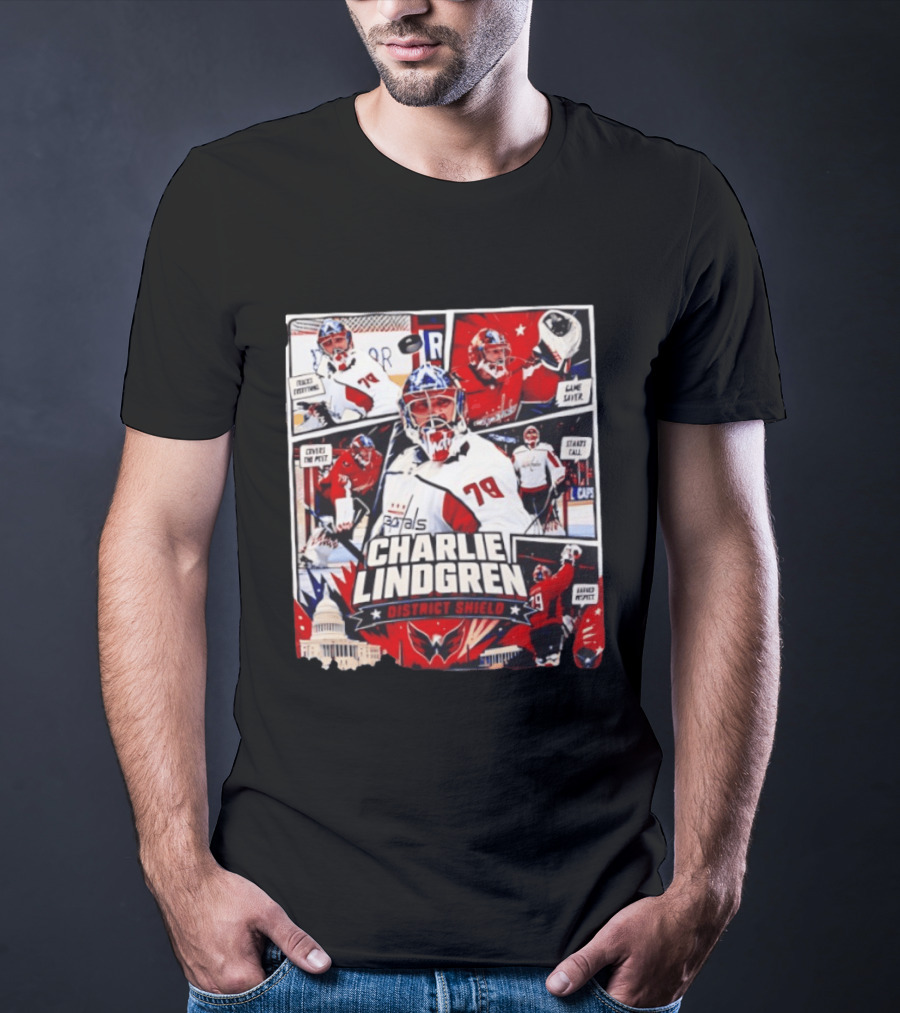 Charlie Lindgren Capitals District Shield Comic Style Hockey Action T-Shirt