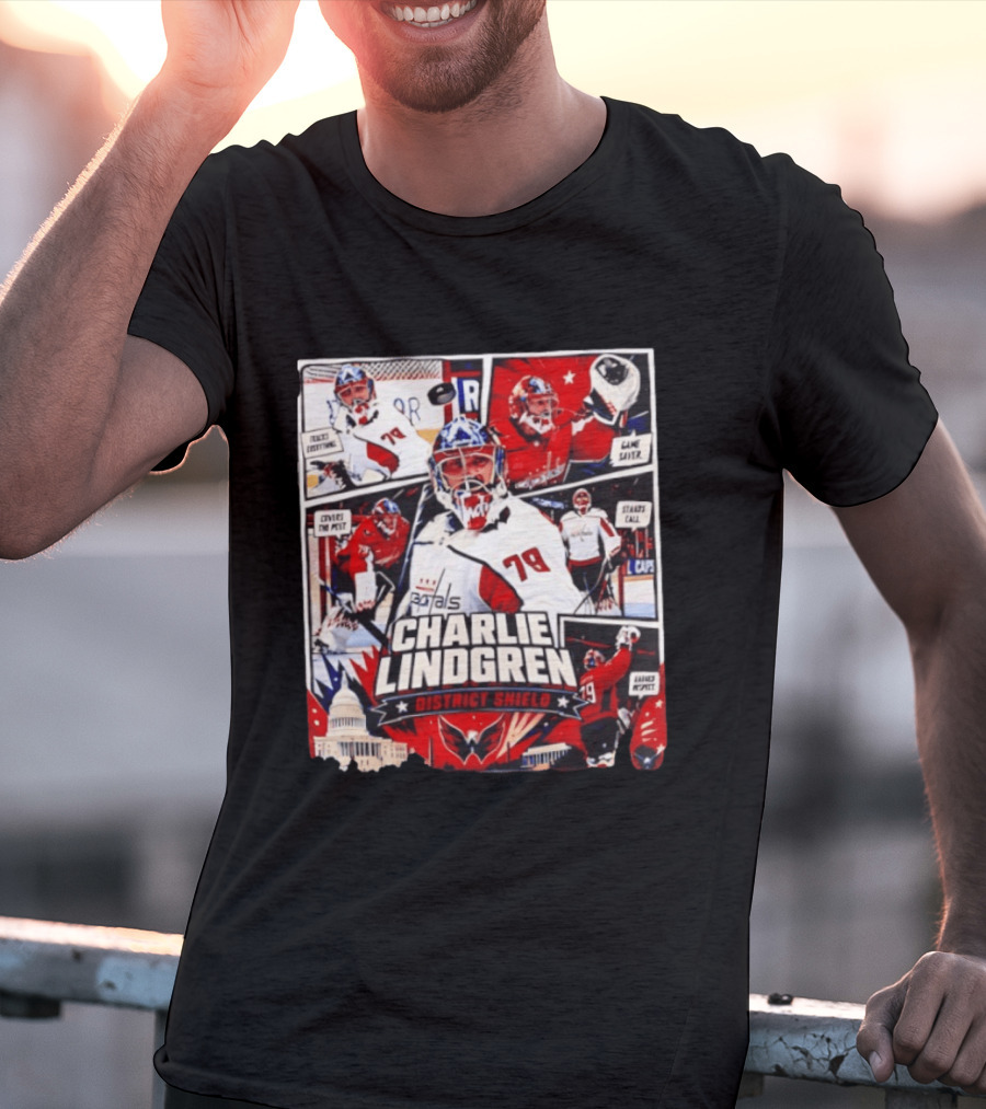 Charlie Lindgren Capitals District Shield Comic Style Hockey Action T-Shirt