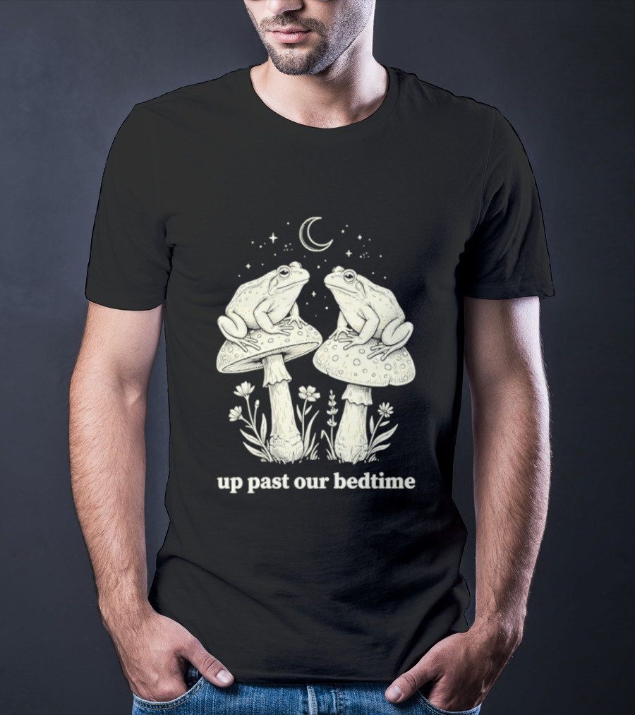 Two Frogs On Mushrooms Up Past Our Bedtime Night Sky Moon Stars T-Shirt