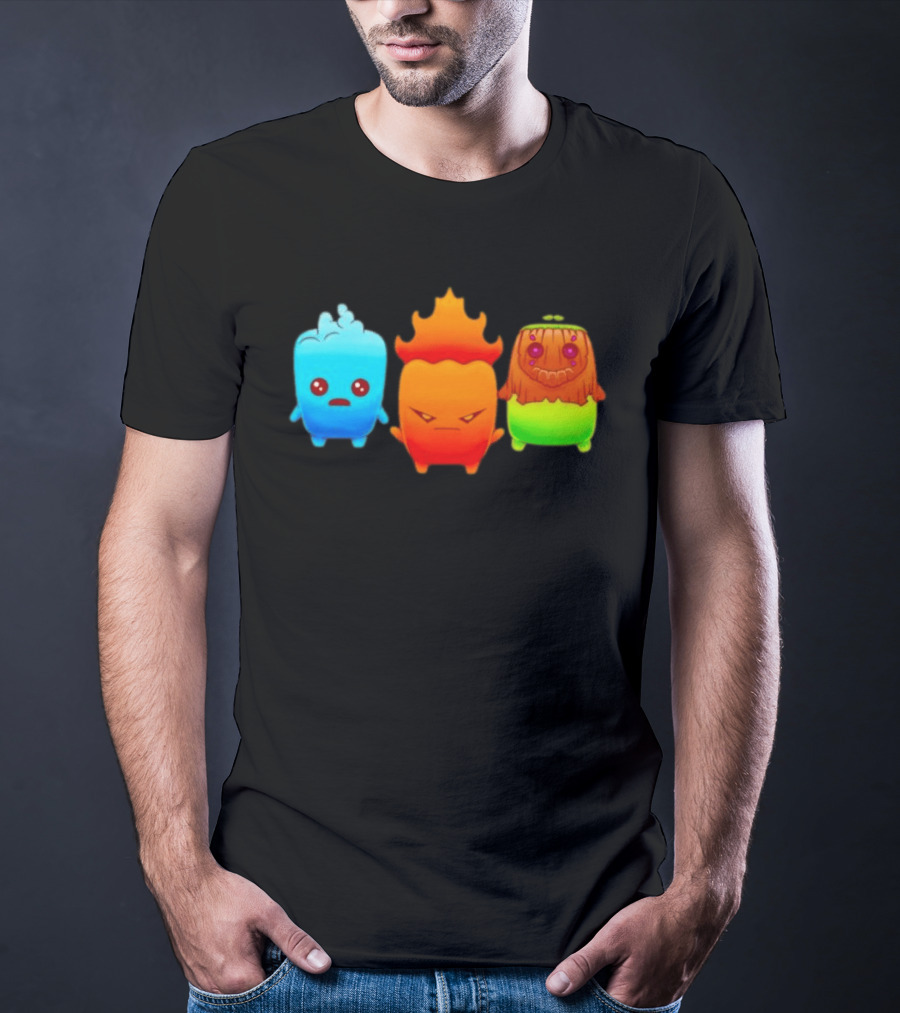 Water Fire And Earth Elemental Creatures Fireboy And Watergirl Cute Characters T-Shirt