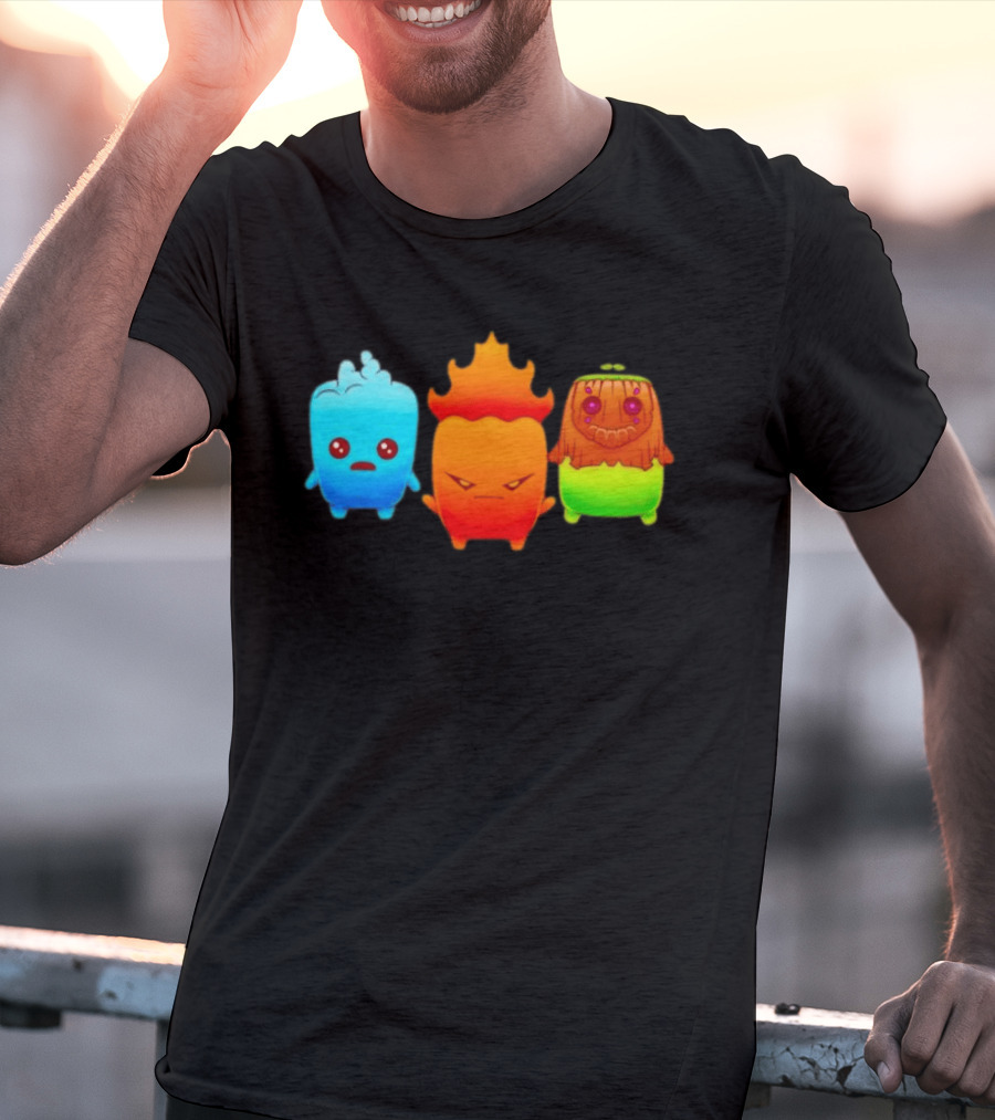 Water Fire And Earth Elemental Creatures Fireboy And Watergirl Cute Characters T-Shirt