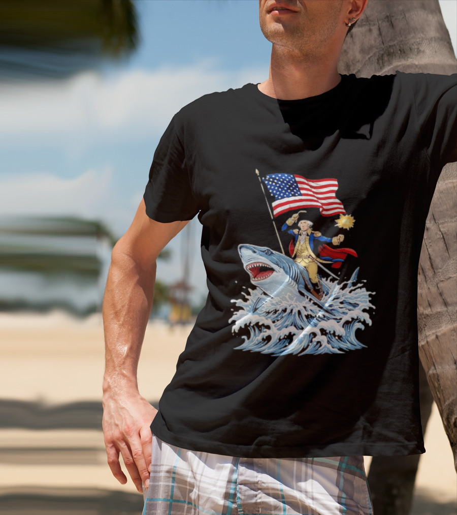 Shark Riding George Washington With American Flag Patriotic 4th Of July T-Shirt