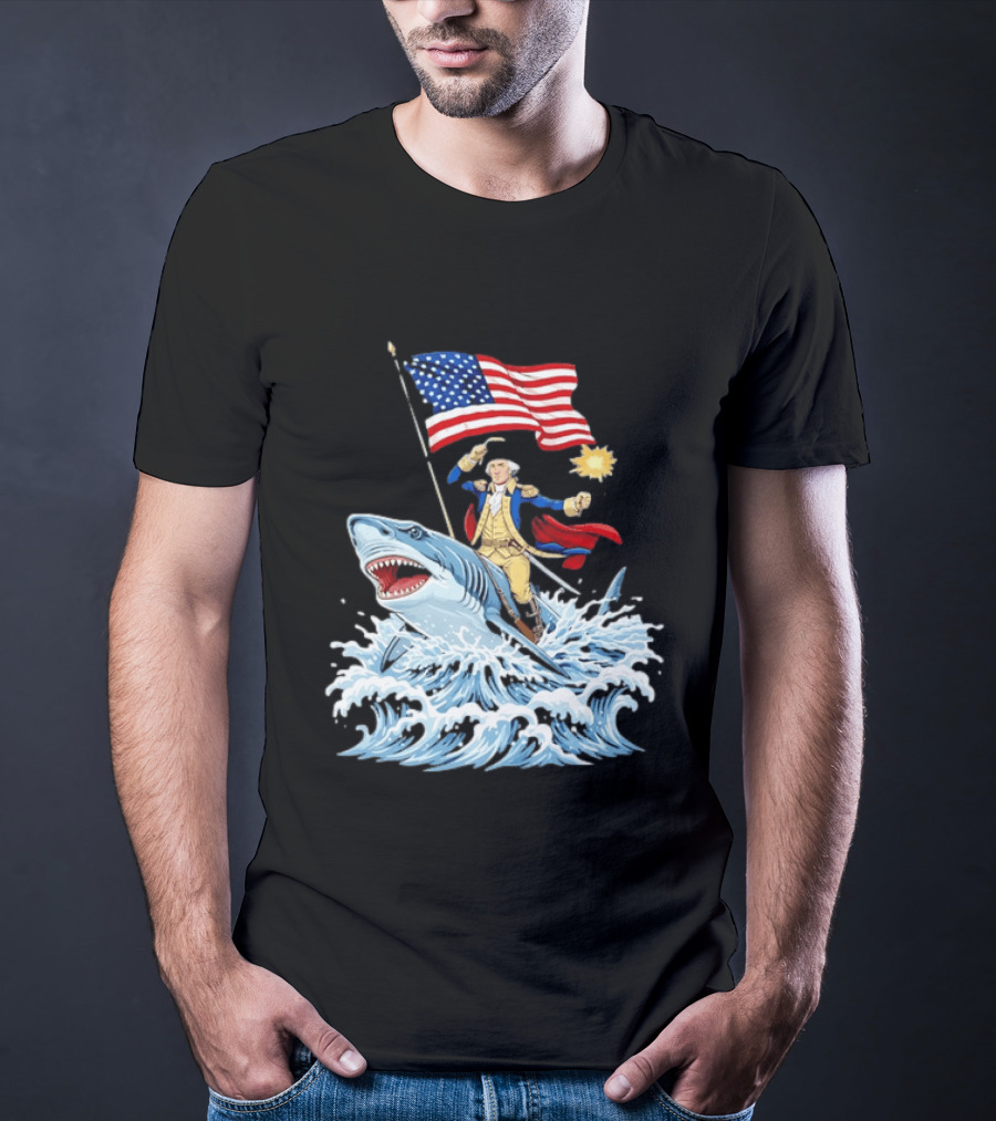 Shark Riding George Washington With American Flag Patriotic 4th Of July T-Shirt