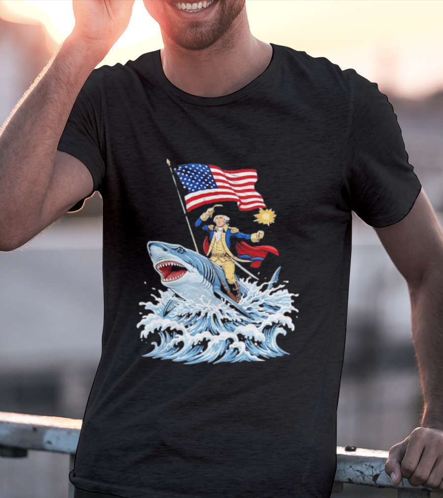 Shark Riding George Washington With American Flag Patriotic 4th Of July T-Shirt