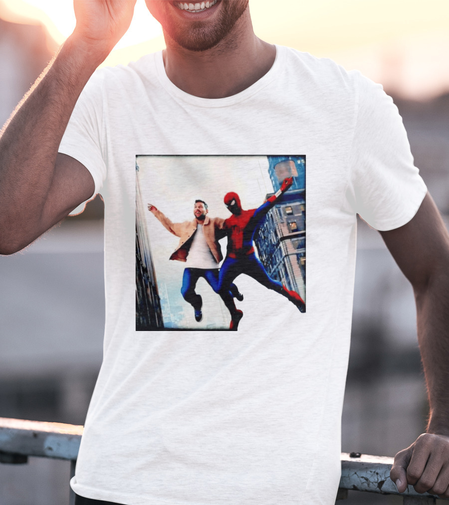 Lionel Messi And Spider Man Jump In City Marvel Cinematic Universe T-Shirt