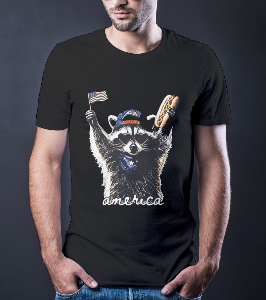 Raccoon Holding Hot Dog And Flag America 4th Of July Celebration T-Shirt