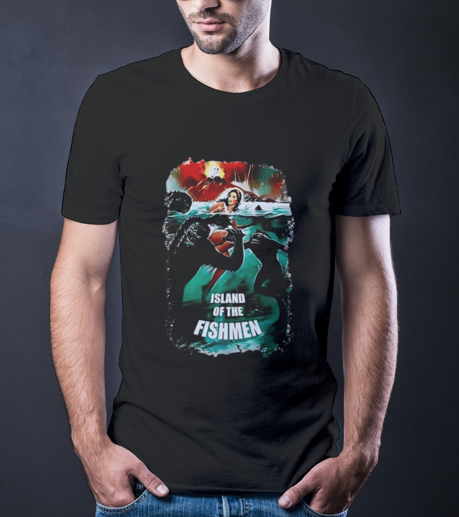 Island Of The Fishmen Vintage Movie Scene With Sea Monsters And Volcano T-Shirt