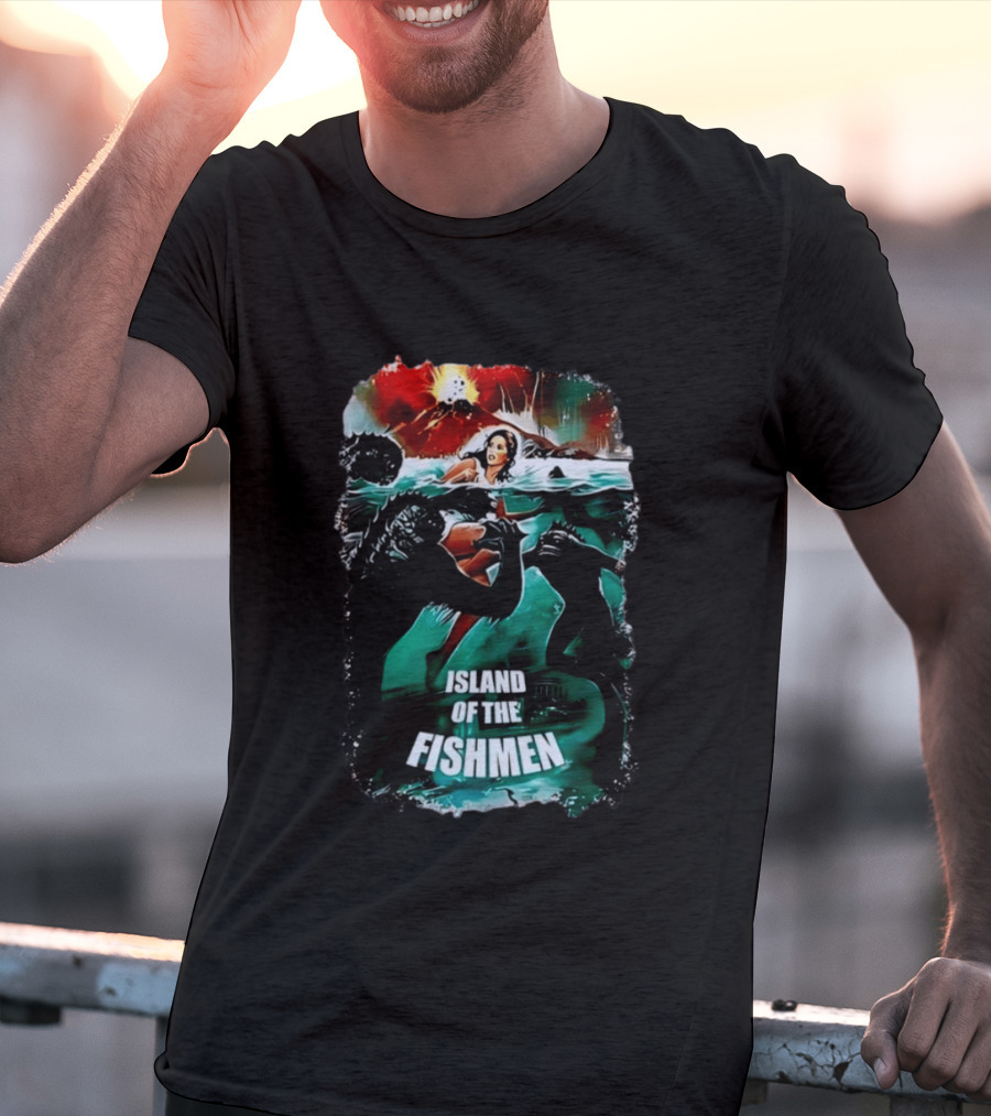 Island Of The Fishmen Vintage Movie Scene With Sea Monsters And Volcano T-Shirt