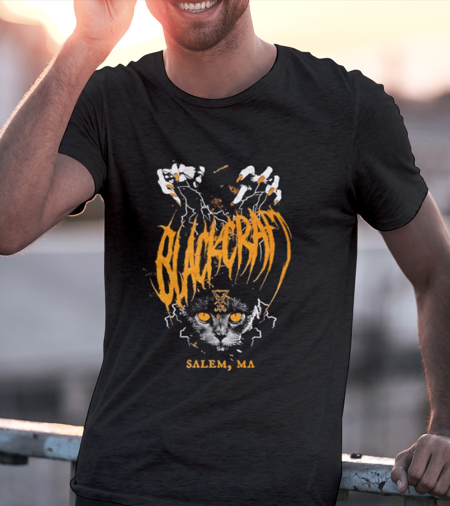 Blackcraft Salem MA Cat Occult Theme With Leviathan Cross T-Shirt