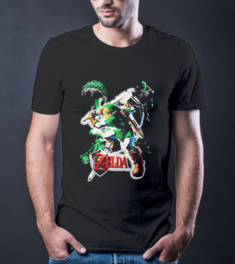 Legend Of Zelda Ocarina Of Time Link Fighting Enemies T-Shirt