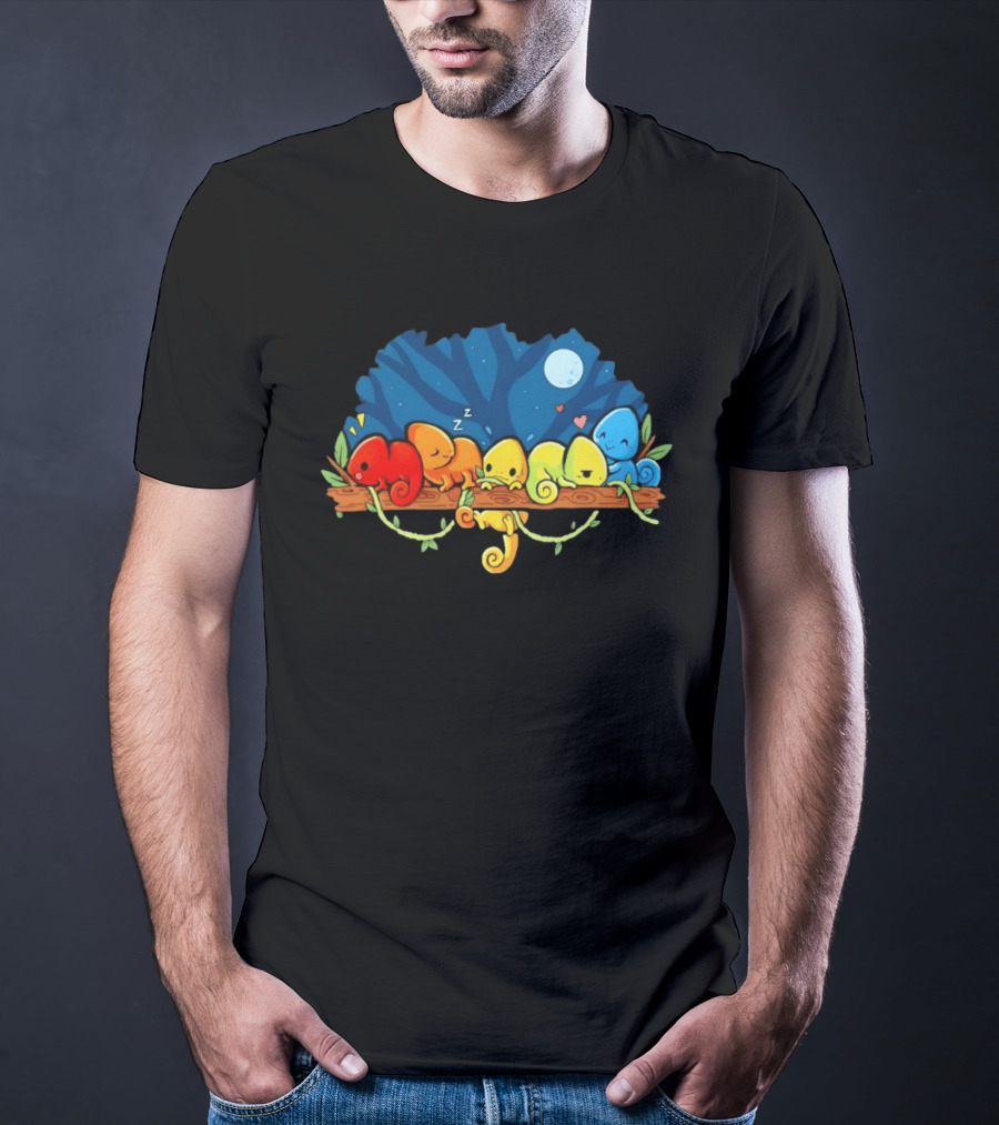 Colorful Chameleons Sitting On A Tree Branch Under Night Sky With Moon And Hearts T-Shirt