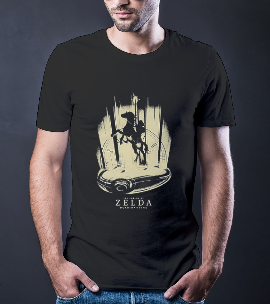Link Riding Epona Castle Background Zelda Ocarina Of Time T-Shirt