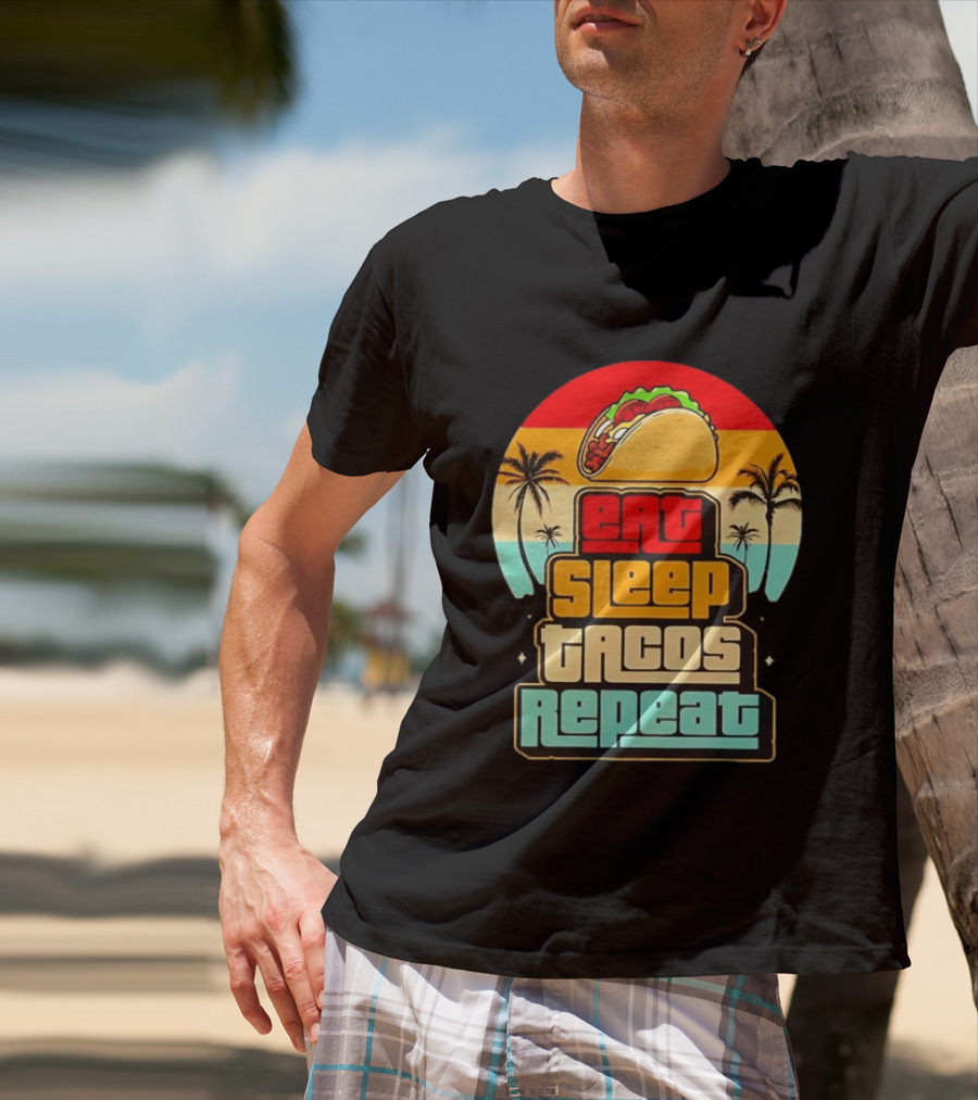 Eat Sleep Tacos Repeat Gaming Retro Sunset Palm Trees T-Shirt