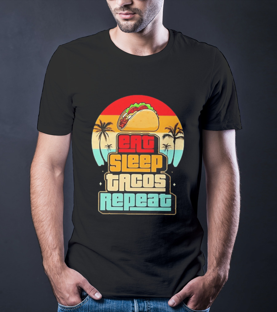 Eat Sleep Tacos Repeat Gaming Retro Sunset Palm Trees T-Shirt