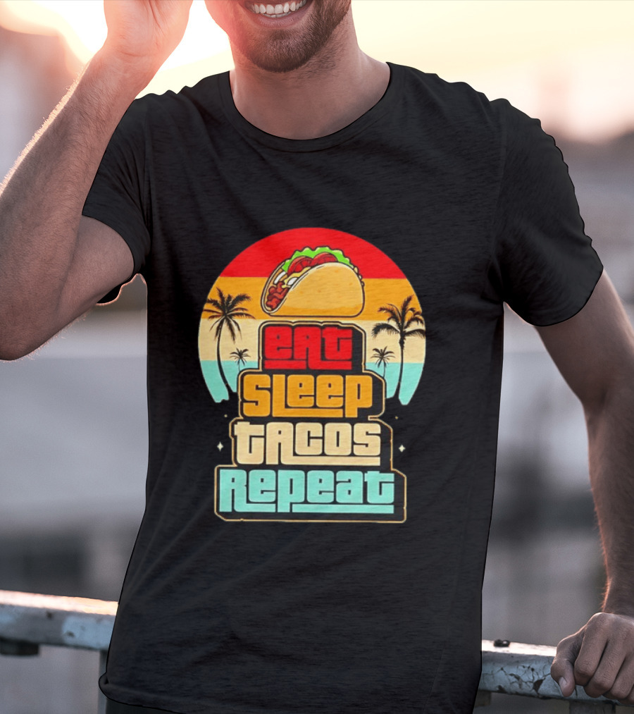Eat Sleep Tacos Repeat Gaming Retro Sunset Palm Trees T-Shirt