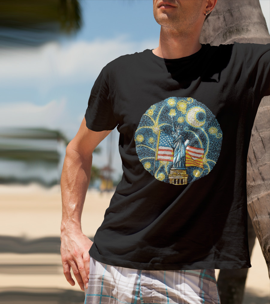 Statue Of Liberty USA Flag Firework Starry Night T-Shirt