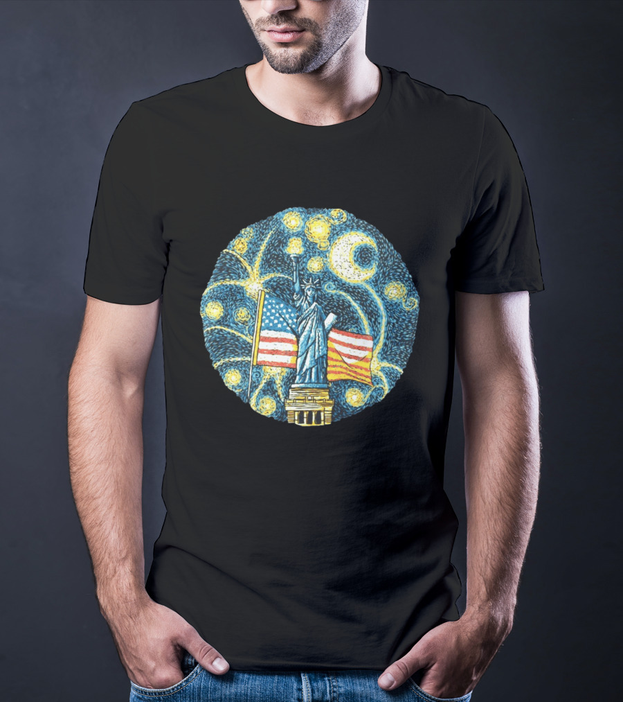 Statue Of Liberty USA Flag Firework Starry Night T-Shirt