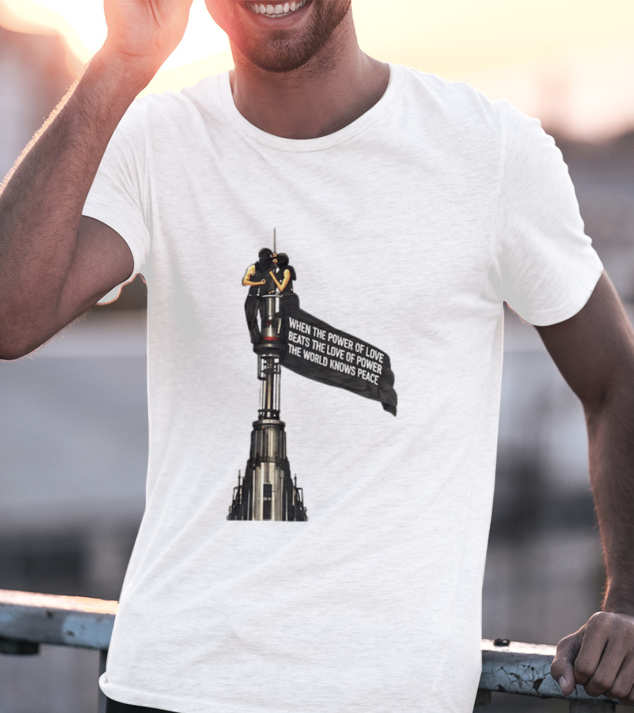 Angela Nikolau And Ivan Beerkus Love And Peace Flag On Empire State Building T-Shirt