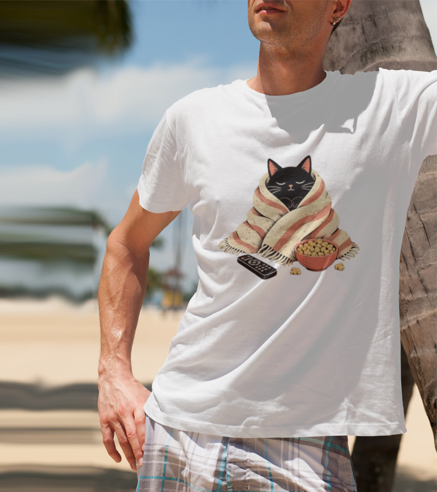 Cozy Black Cat Wrapped In Blanket With Popcorn And Remote T-Shirt