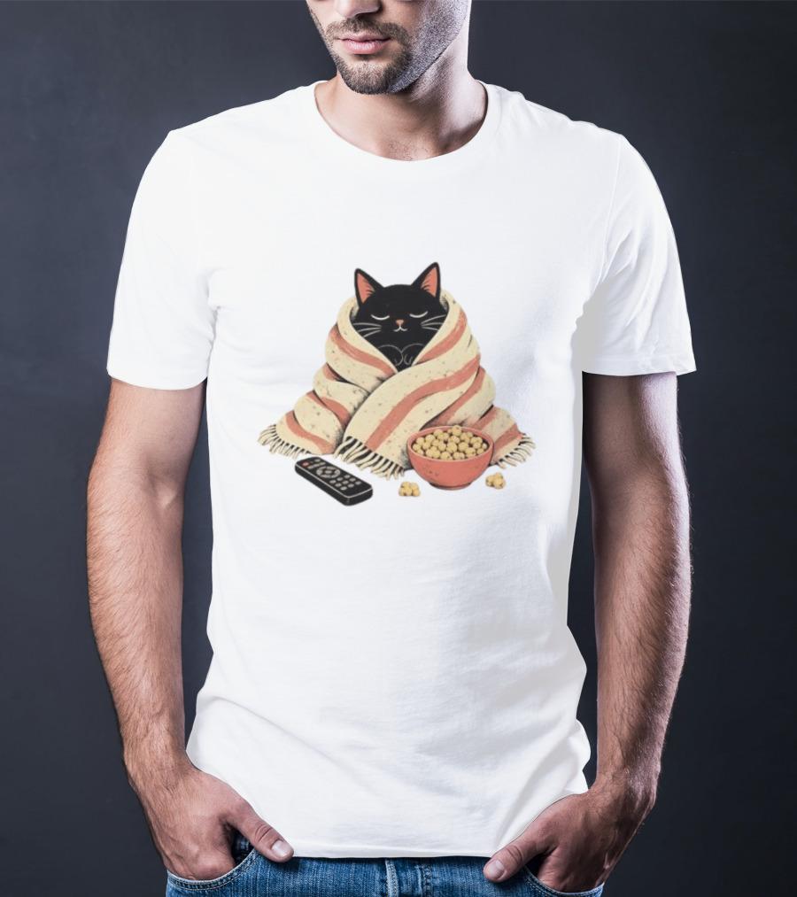 Cozy Black Cat Wrapped In Blanket With Popcorn And Remote T-Shirt