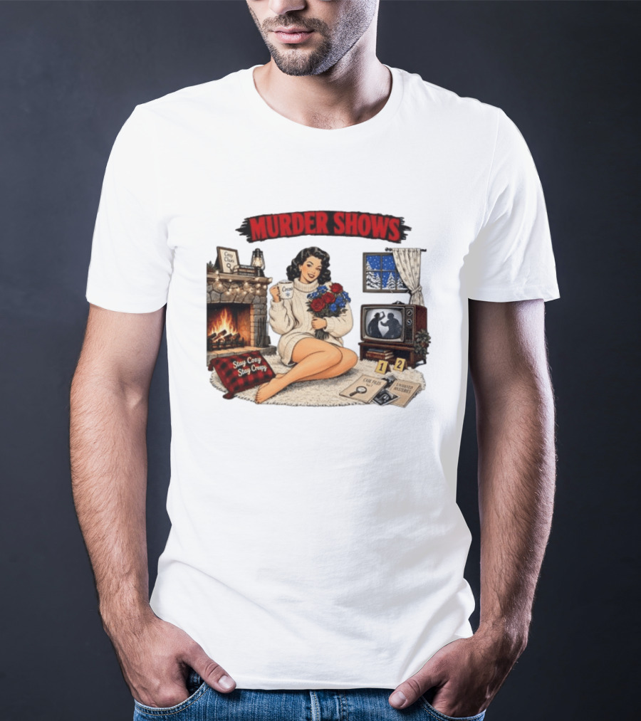 Murder Shows Cozy Creepy Mystery Scene With Fire, Roses, And Vintage TV T-Shirt