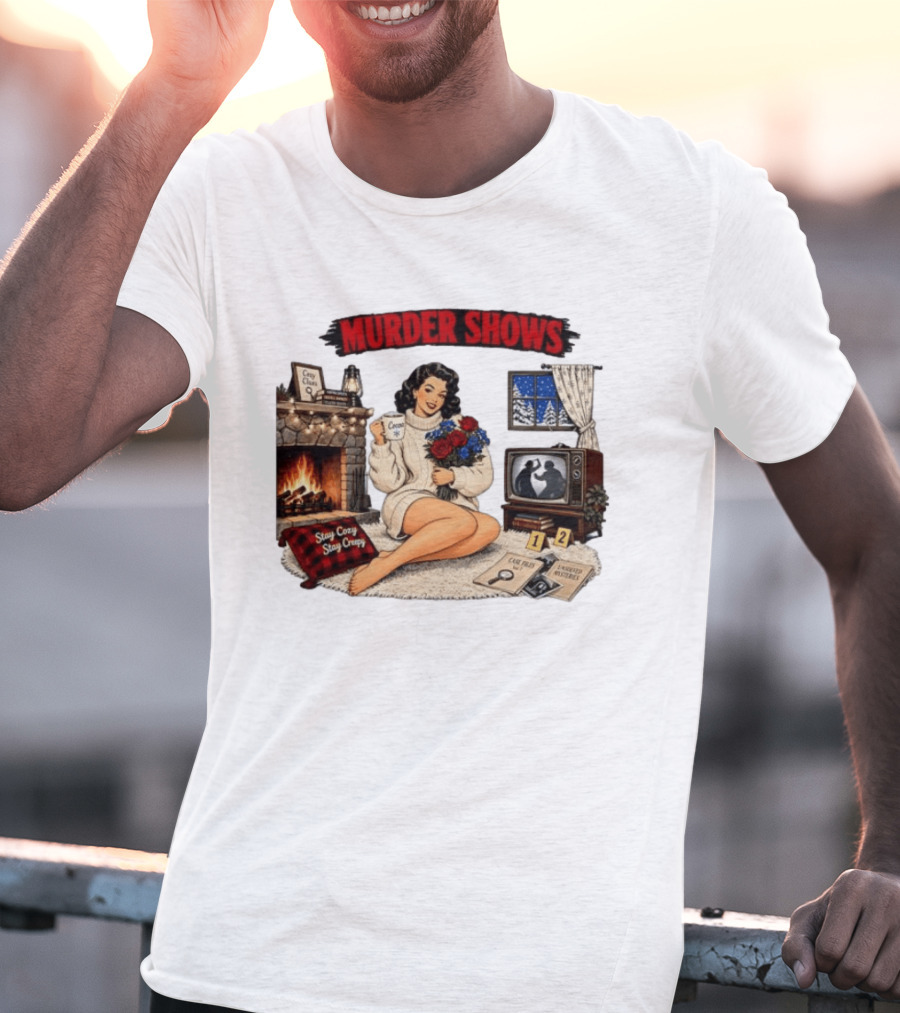Murder Shows Cozy Creepy Mystery Scene With Fire, Roses, And Vintage TV T-Shirt