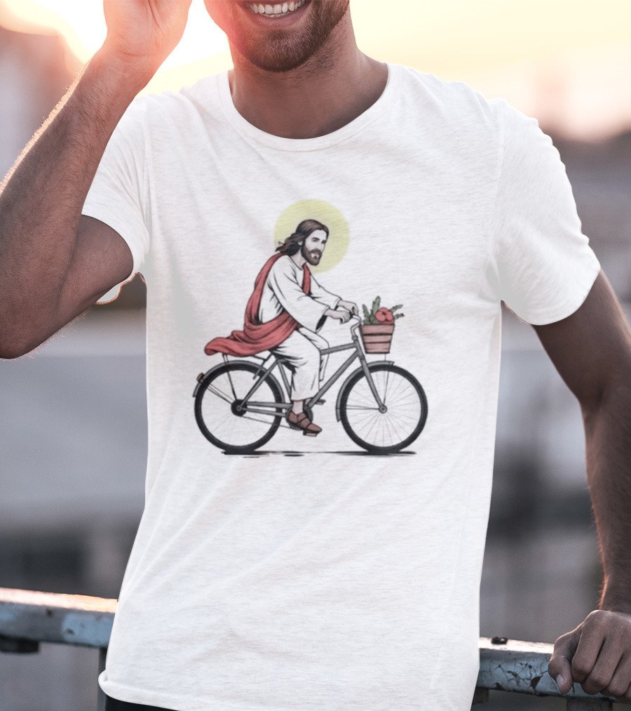 Christ On A Bike British Slang Jesus Cycling With Halo And Groceries T-Shirt