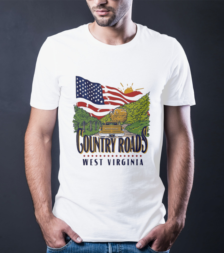 Country Roads West Virginia American USA Flag Vintage Truck Scenic Route T-Shirt
