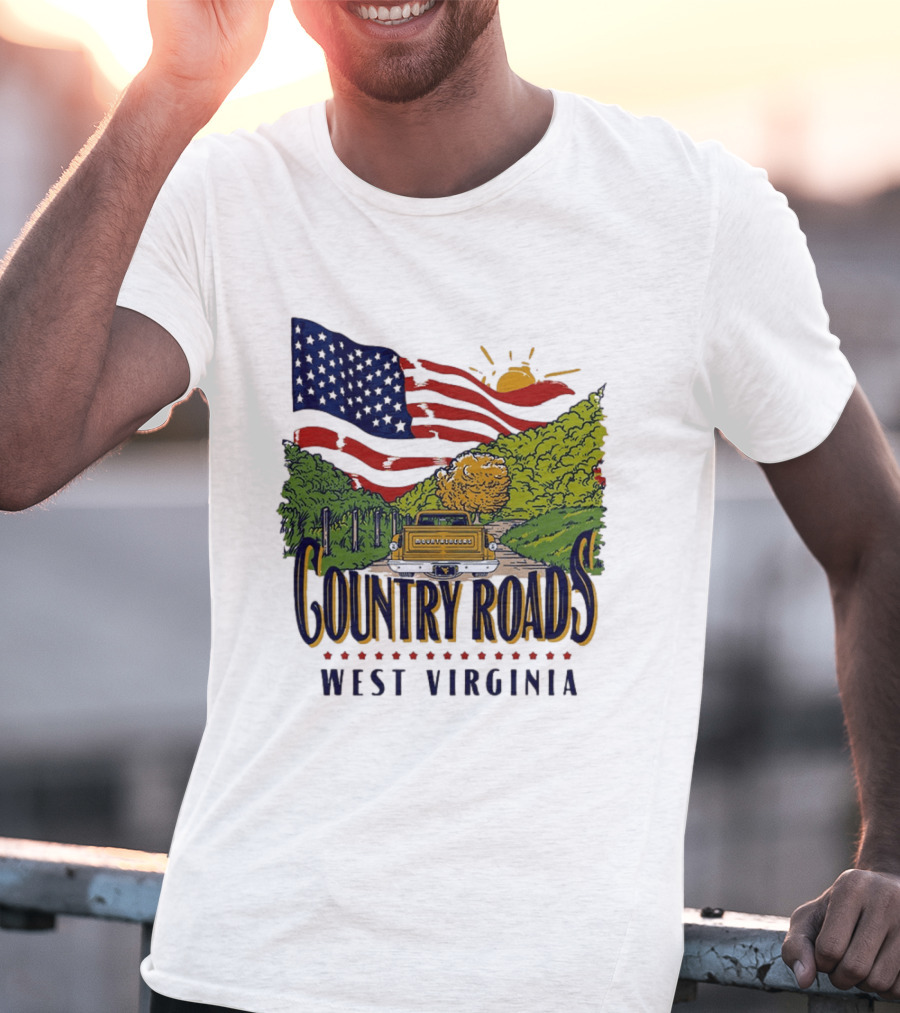 Country Roads West Virginia American USA Flag Vintage Truck Scenic Route T-Shirt