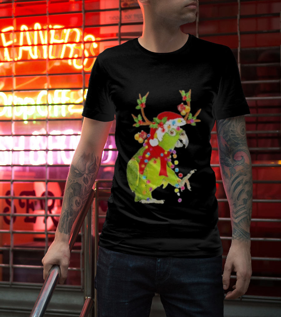 Festive Parrot Wearing Santa Hat And Reindeer Antlers T-Shirt