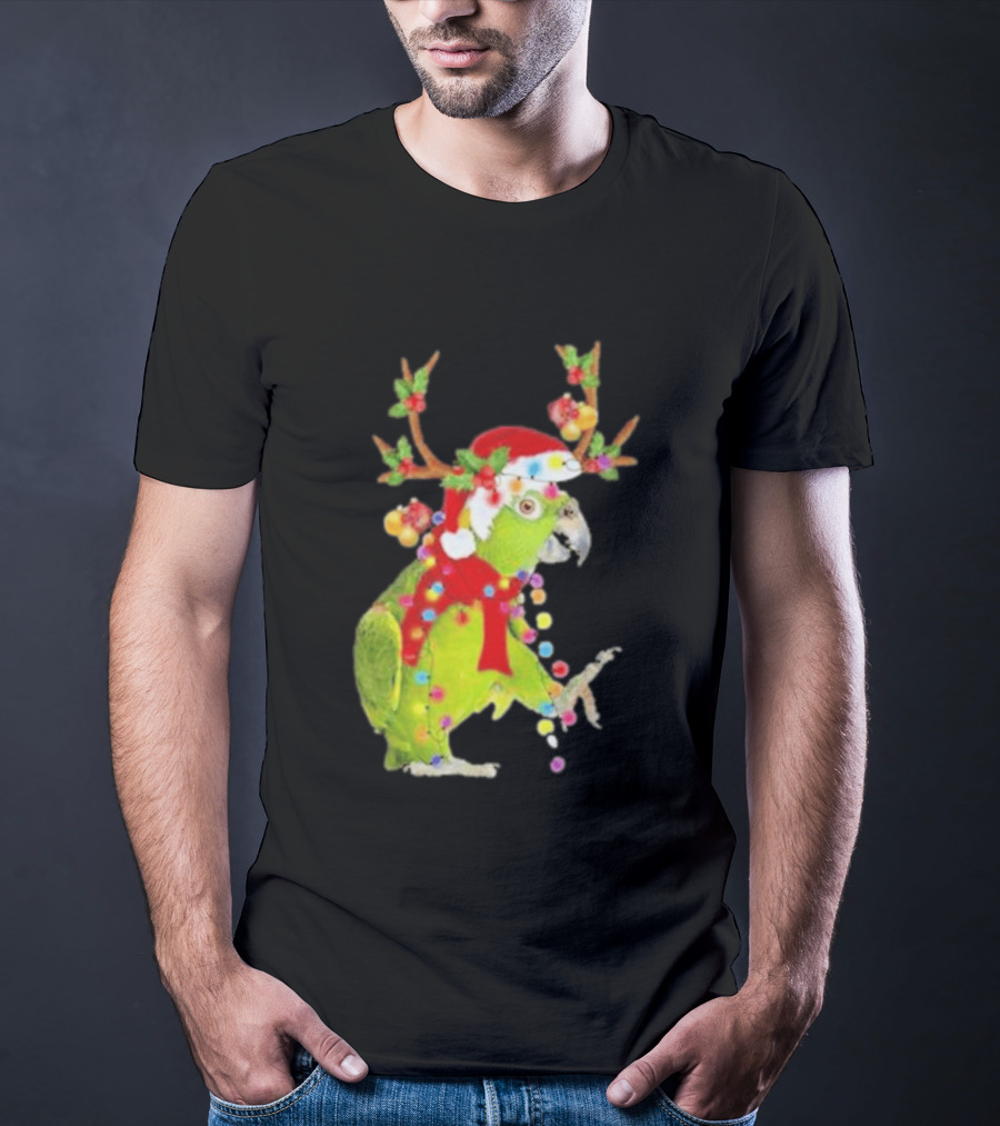 Festive Parrot Wearing Santa Hat And Reindeer Antlers T-Shirt
