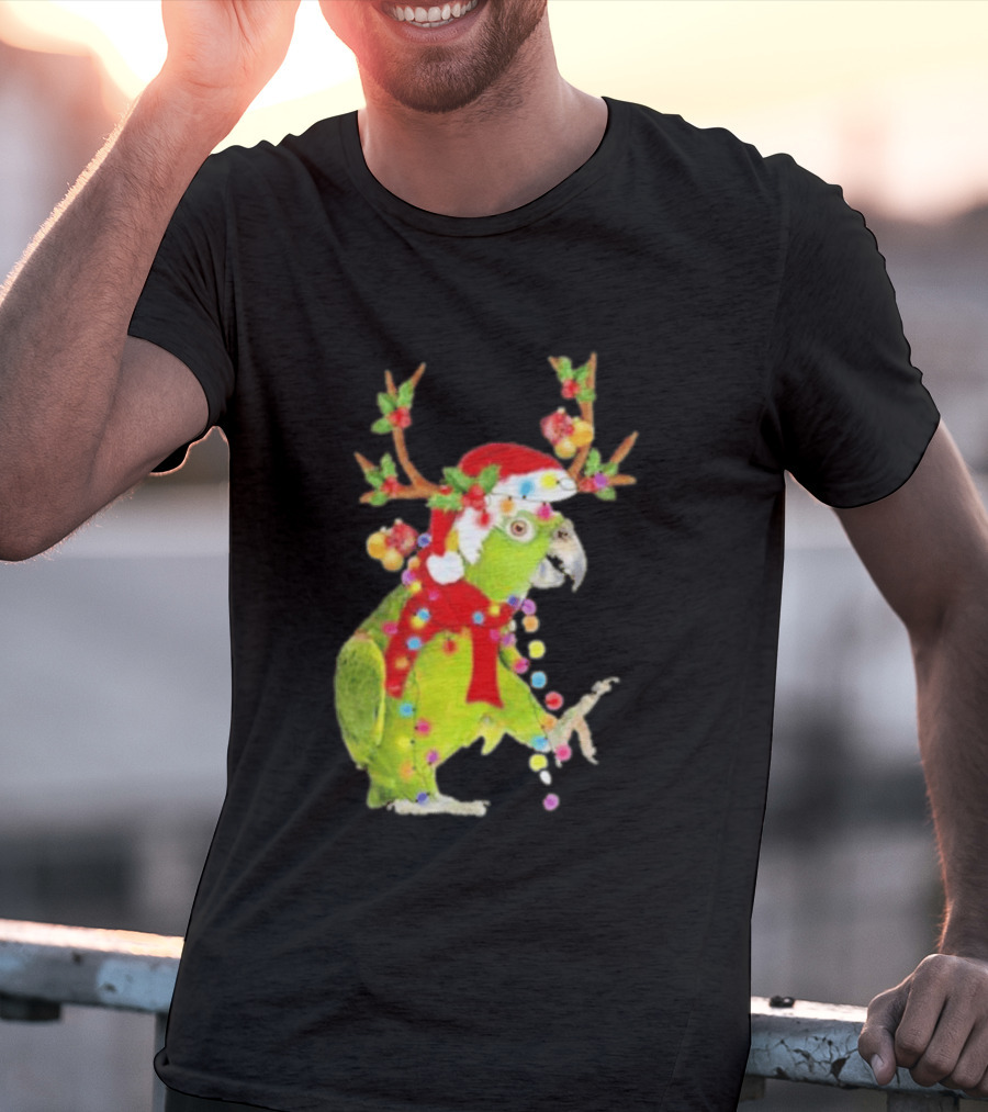 Festive Parrot Wearing Santa Hat And Reindeer Antlers T-Shirt