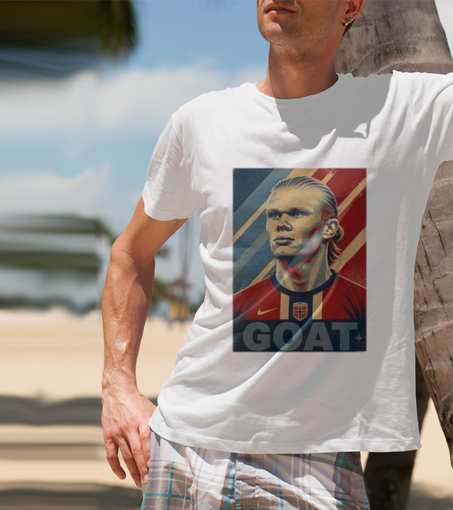 Erling Haaland G.O.A.T Norway Soccer Legend Iconic Red Blue Stripes T-Shirt