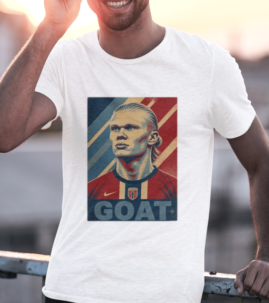Erling Haaland G.O.A.T Norway Soccer Legend Iconic Red Blue Stripes T-Shirt