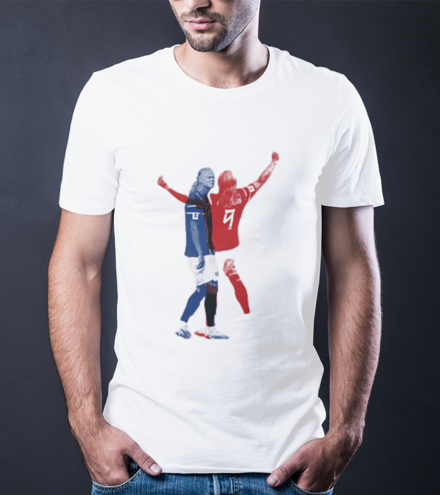 Erling Haaland Norway National Team Halftone Collage Blue And Red Number 9 T-Shirt
