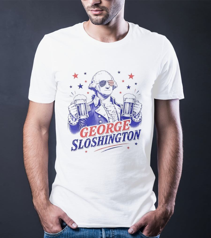 GEORGE SLOSHINGTON Party Patriot Drinking Beer Red White Blue Stars T-Shirt