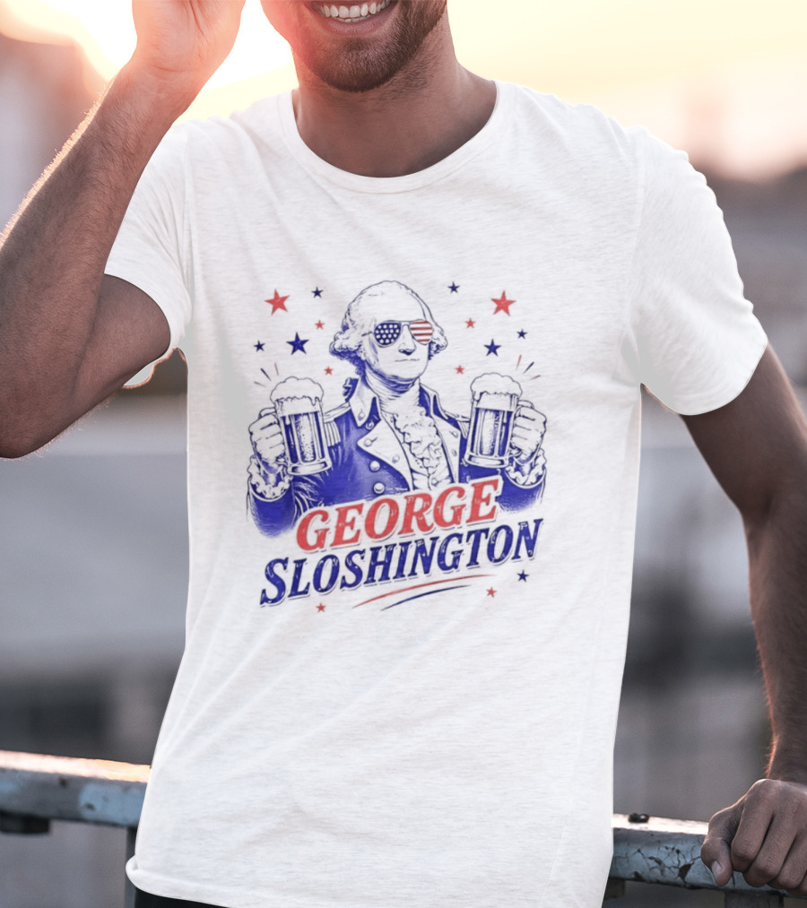 GEORGE SLOSHINGTON Party Patriot Drinking Beer Red White Blue Stars T-Shirt