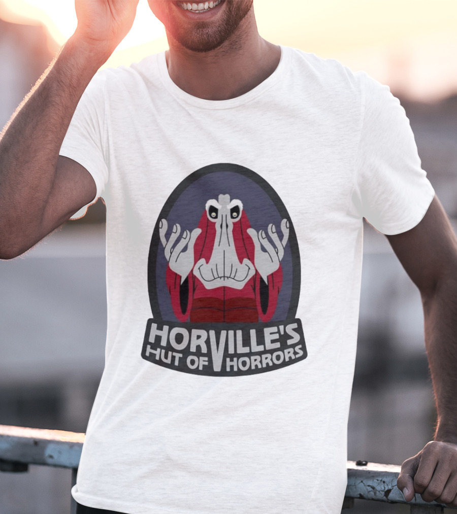 Horville's Hut Of Horrors Angry Red Clad Monster With Creepy Hands T-Shirt
