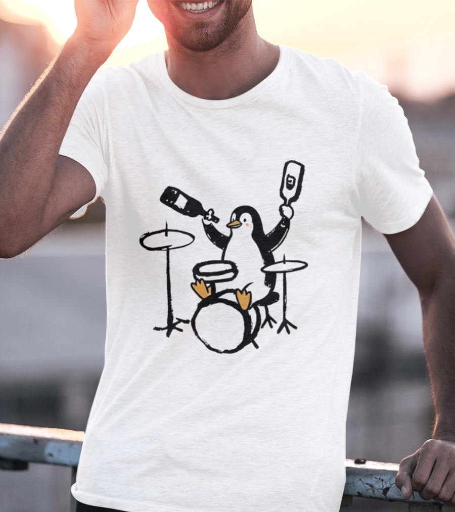 Penguin Playing Drums Drinking Wine With Bottle T-Shirt