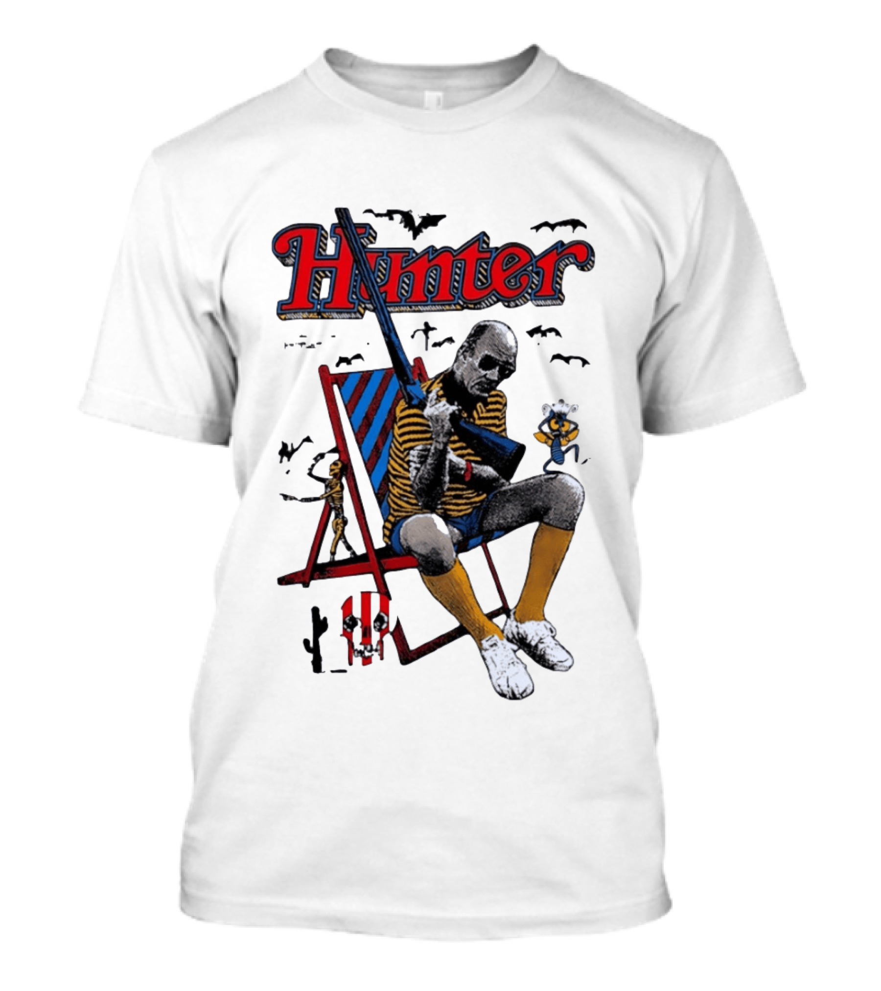 Hunter July 18 1937 February 20 2005 Man Holding Rifle Striped Chair Yellow Socks T-Shirt