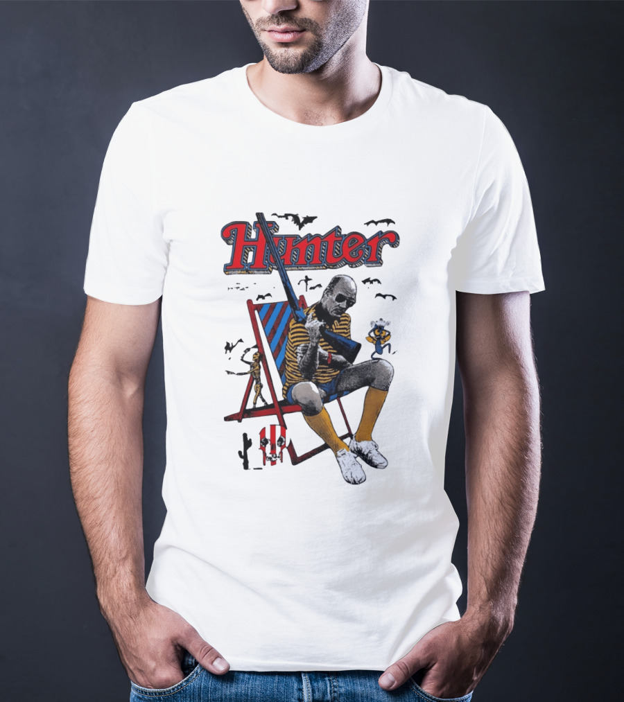 Hunter July 18 1937 February 20 2005 Man Holding Rifle Striped Chair Yellow Socks T-Shirt