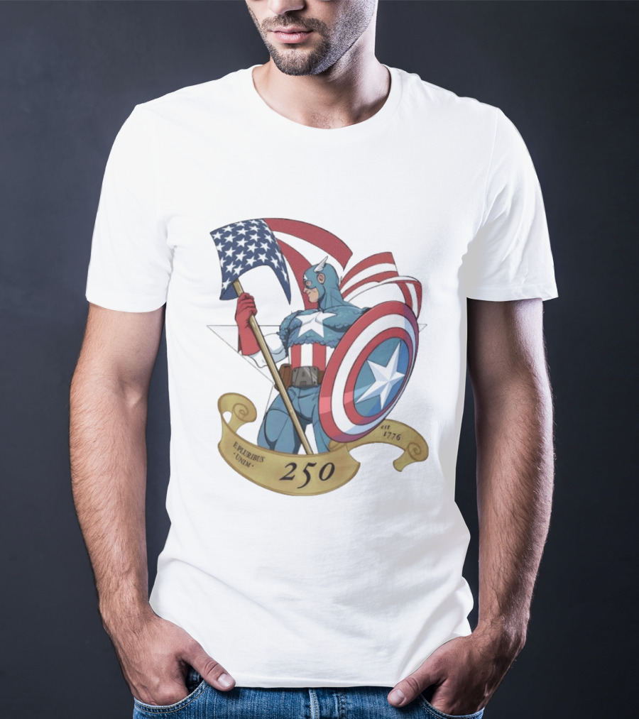 Captain America Marvel 250 E Pluribus Unum EST 1776 Patriotic Hero Shield American Flag T-Shirt