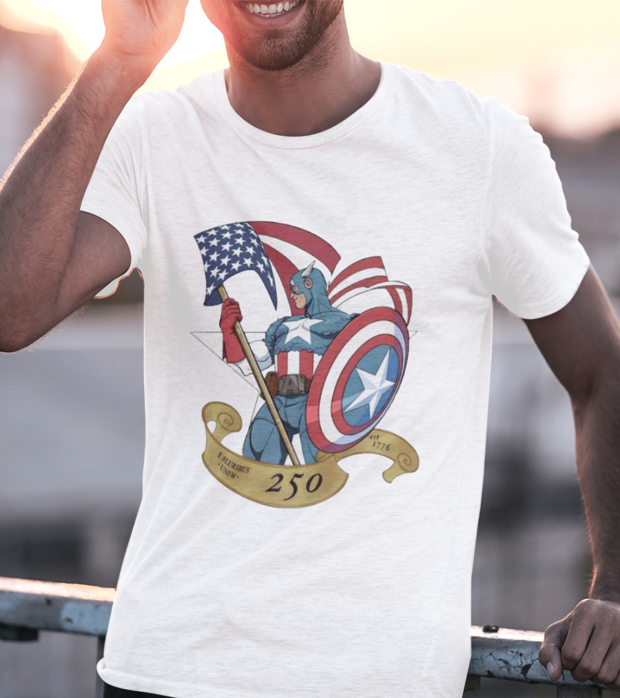 Captain America Marvel 250 E Pluribus Unum EST 1776 Patriotic Hero Shield American Flag T-Shirt