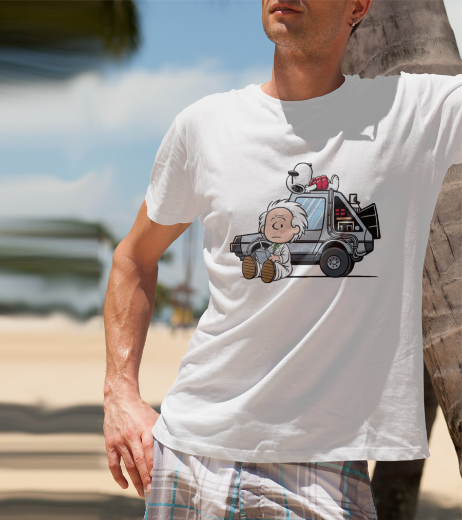 Doc Brown Snoopy Back To The Future Delorean Time Machine Cartoon Mashup T-Shirt