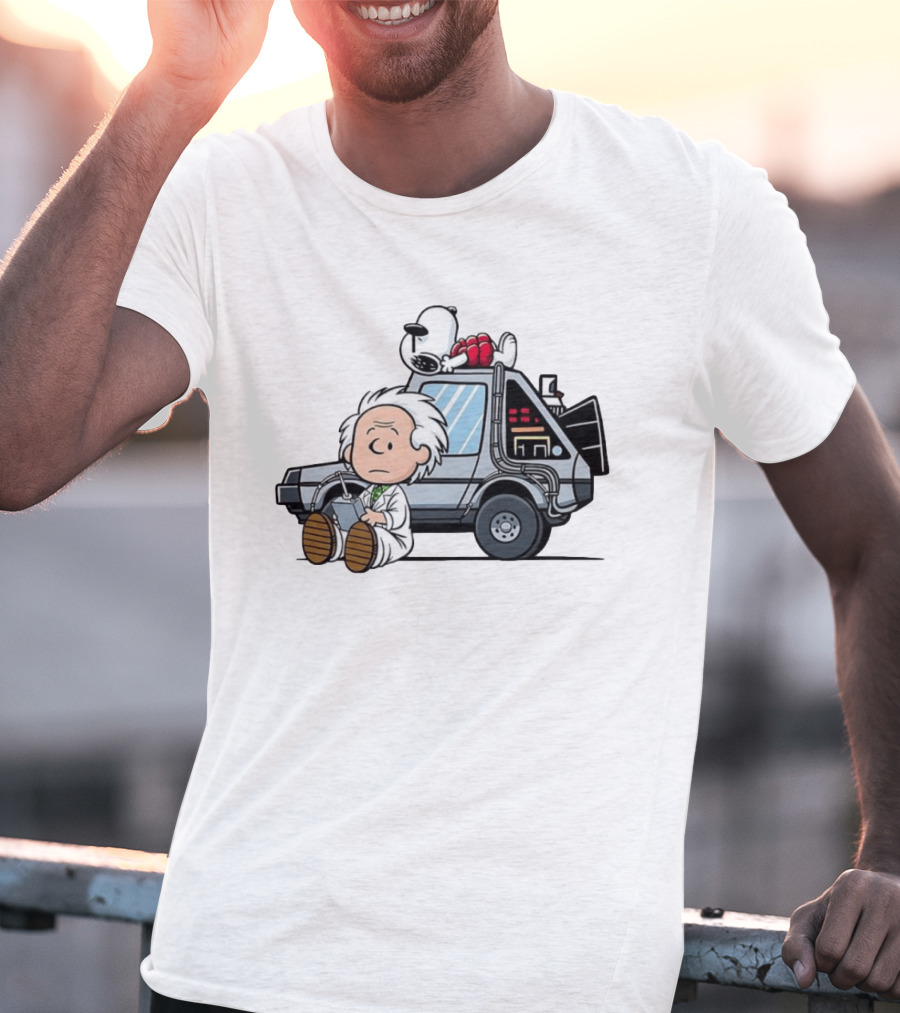 Doc Brown Snoopy Back To The Future Delorean Time Machine Cartoon Mashup T-Shirt