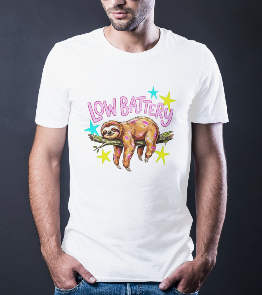 Lazy Sloth Low Battery Tired Animal With Colorful Stars T-Shirt